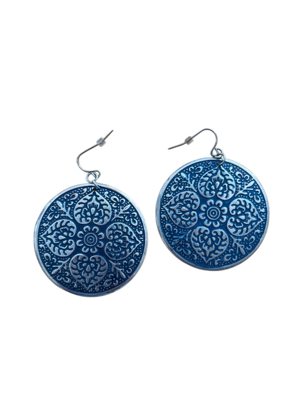 NWOT Large Round Metal Filigree Drop Earrings with Blue Tint